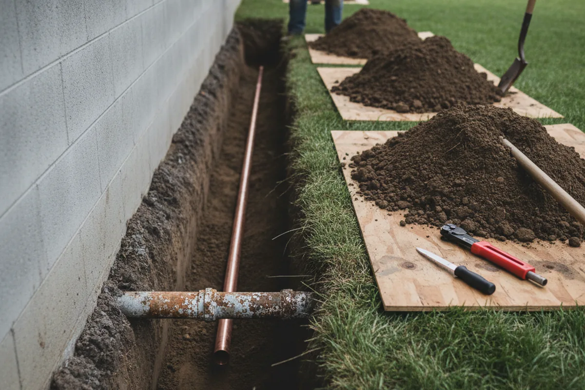 Excavated water line trench during Sewer Line Repair in Florahome